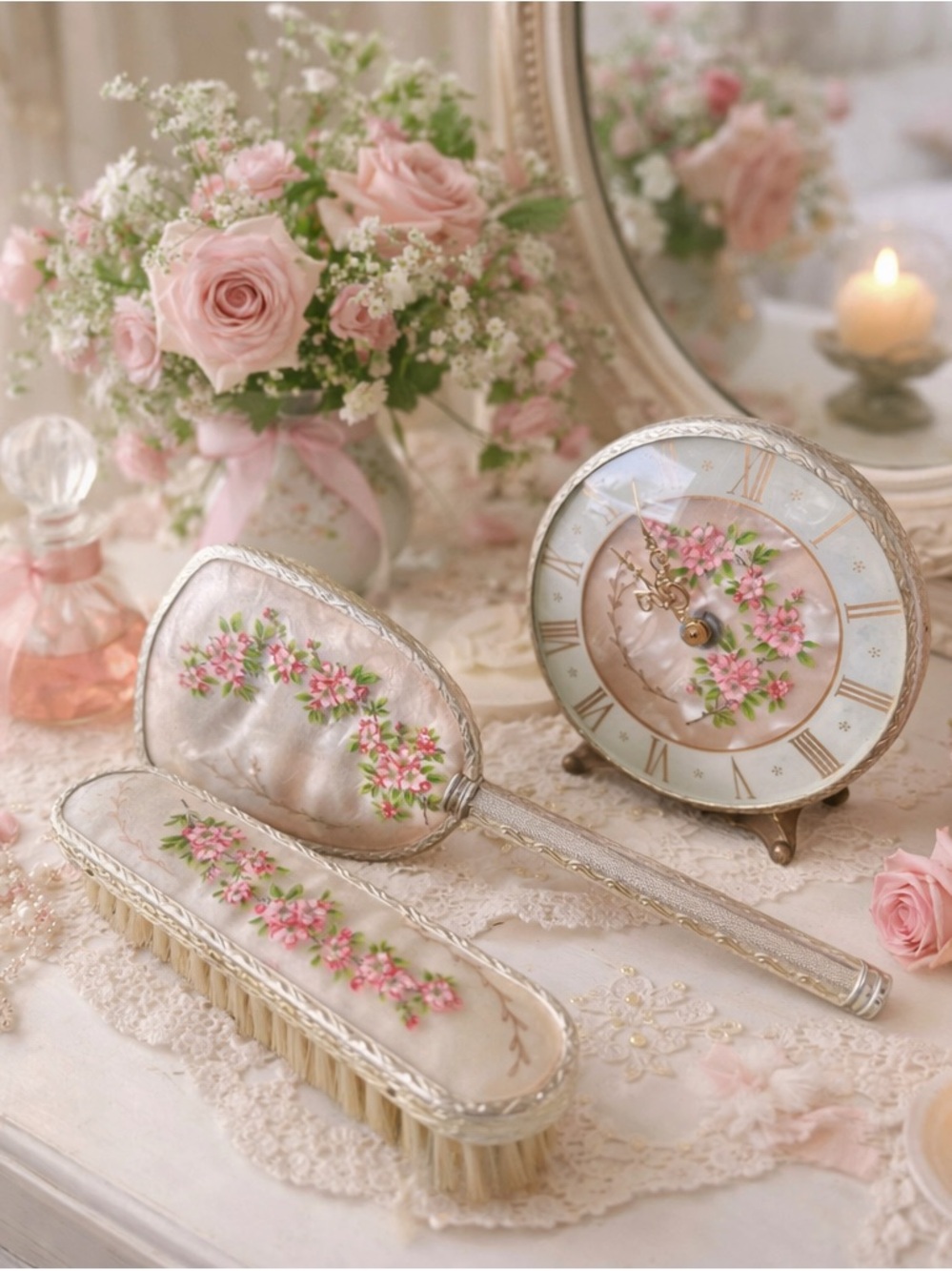 1950s Floral Vanity Set England | 2 Brushes & Table Clock
